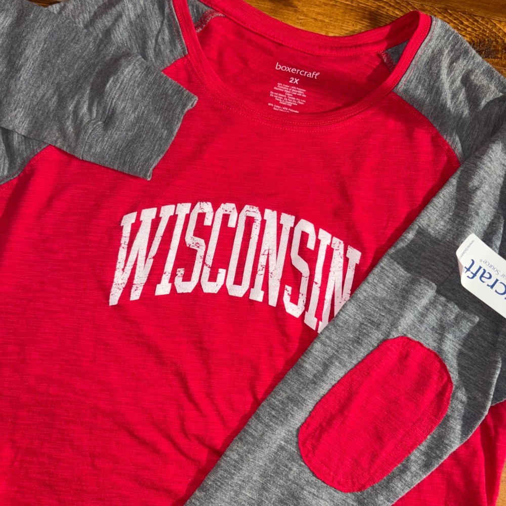 Boxercraft Wisconsin Badgers T-Shirt Women 2X Red Gray Raglan LS Elbow‎ Patches